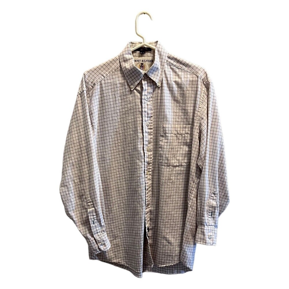 Tommy Hilfiger Mens Button Front Shirt 15 32 33 White Blue Plaid Long Sleeve